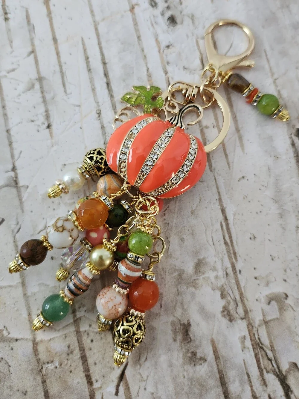 Pumpkin Fall Purse Charm or Keychain Holiday Jade Aventurine Paper Handcrafted